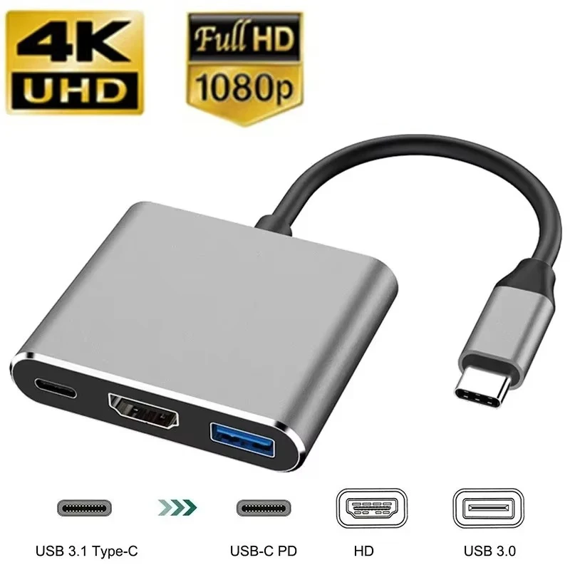 Sa039b4d2c7a846cca3a55561cda38decz.webp Hub USB-C 3 en 1 - Adaptador Tipo-C a HDTV, Carga Rápida PD y Transferencia de Datos. - Imagen 1