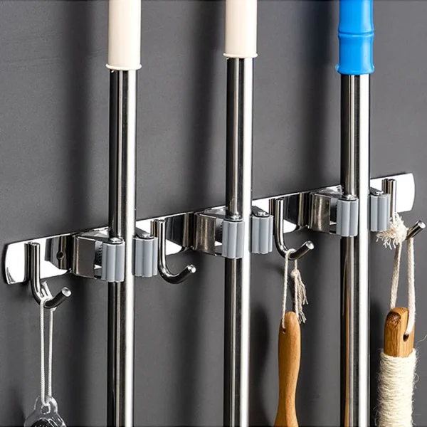 Soporte de Pared para Escobas y Trapeadores | Colgador Organizador de Acero Inoxidable para Cocina y Baño.