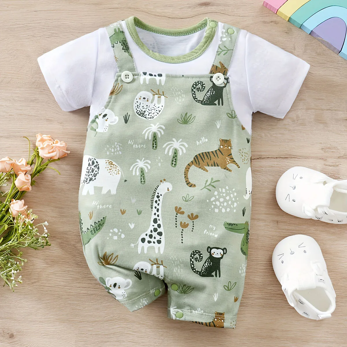 Se7b36d9849ae41b4b3a8266f92a0cc03l.webp Mameluco con adorable estampado de animales del zoológico para bebéf - Imagen 1